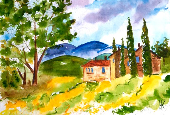 Tuscany Painting Landscape Original Art Farm House Watercolor Artwork PoplarTree Yellow Field Small Wall Art 8 by 12" by Halyna Kirichenko