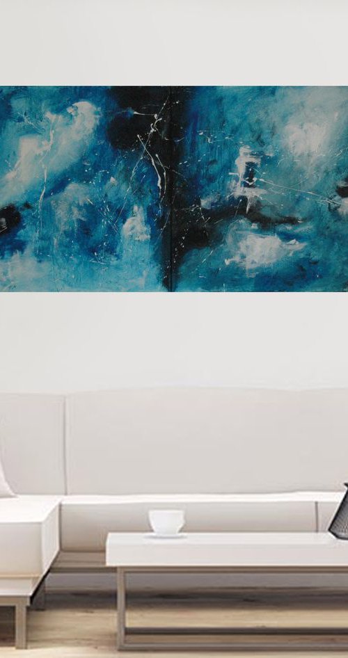 "Back In Blue". X Large panoramic abstract 200 x 70 cm. Diptych. by Rumen Spasov