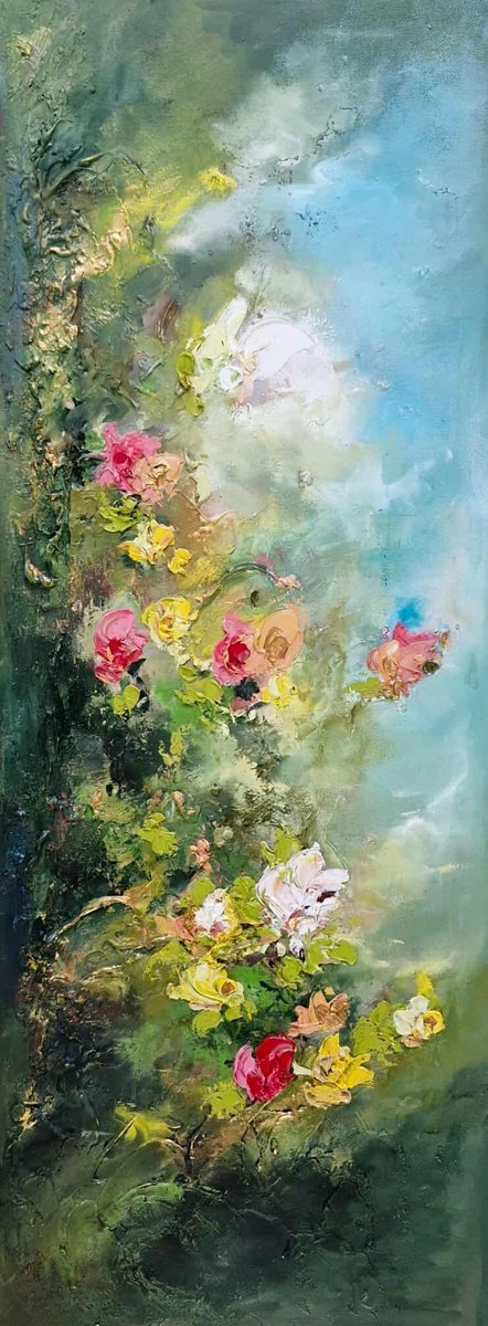 Abstract Botanical Oil Painting By Anna Schofield, 12 X 31, Whispers Of Spring, Original Artwork