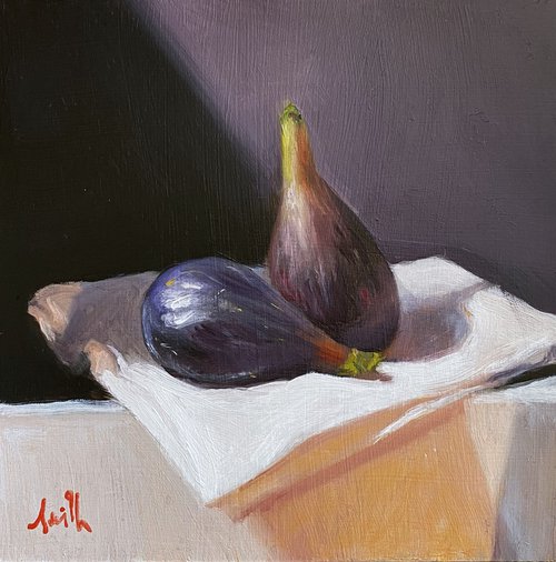 Two Figs & Vintage Linen Cloth Still Life. by Jackie Smith
