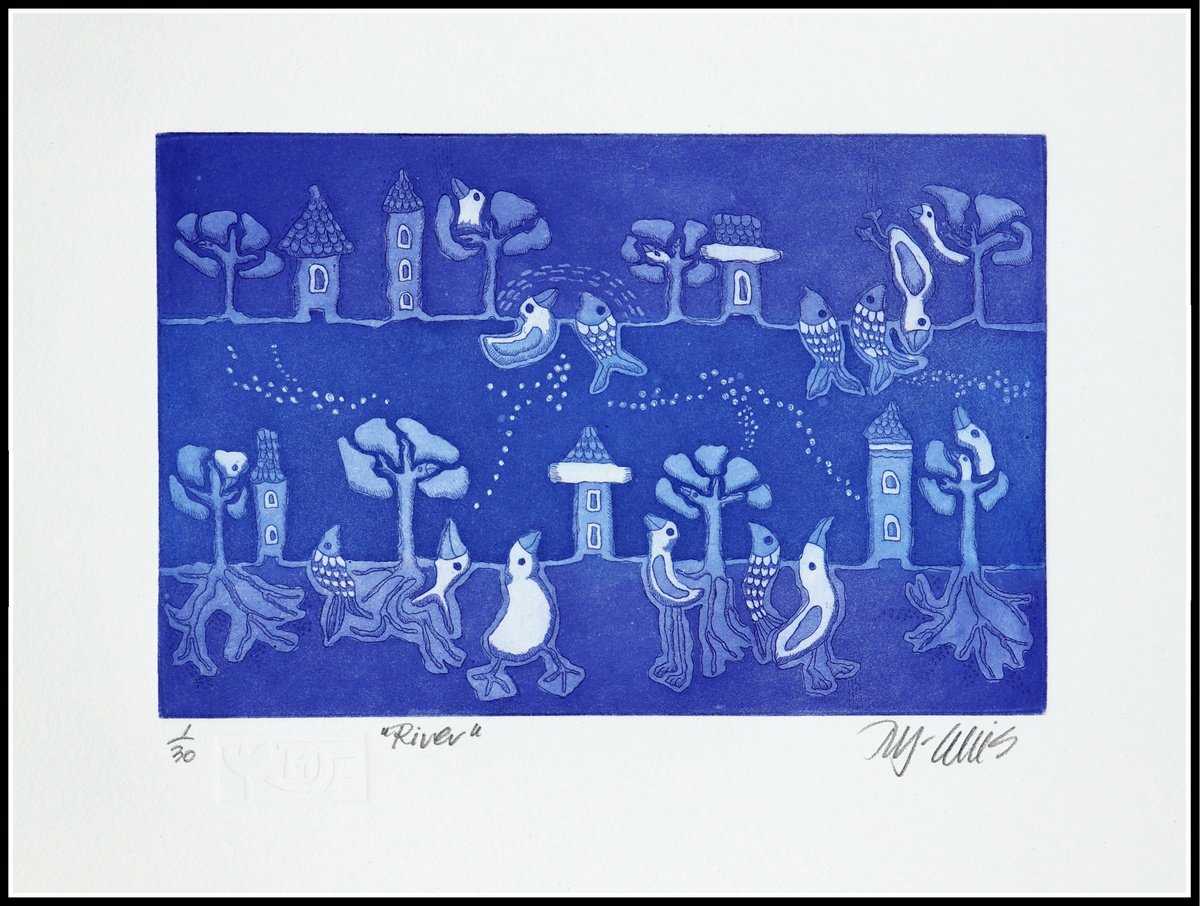 Illustrative Landscape Etchings & Engravings By Mariann Johansen-Ellis, 13 X 10", River, Original Artwork