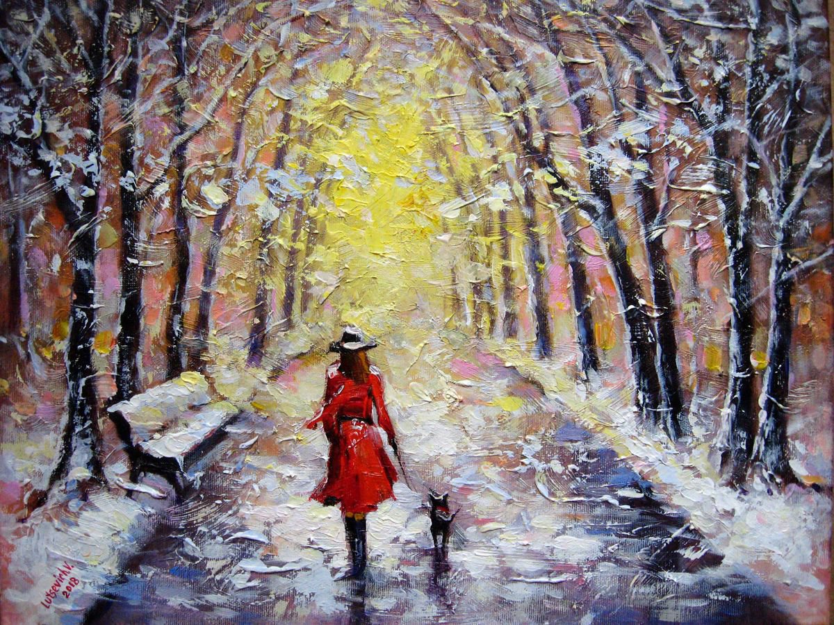 Impressionistic Portrait Acrylic Painting By Vladimir Lutsevich, 18 X 14", The First Snow, Original Artwork