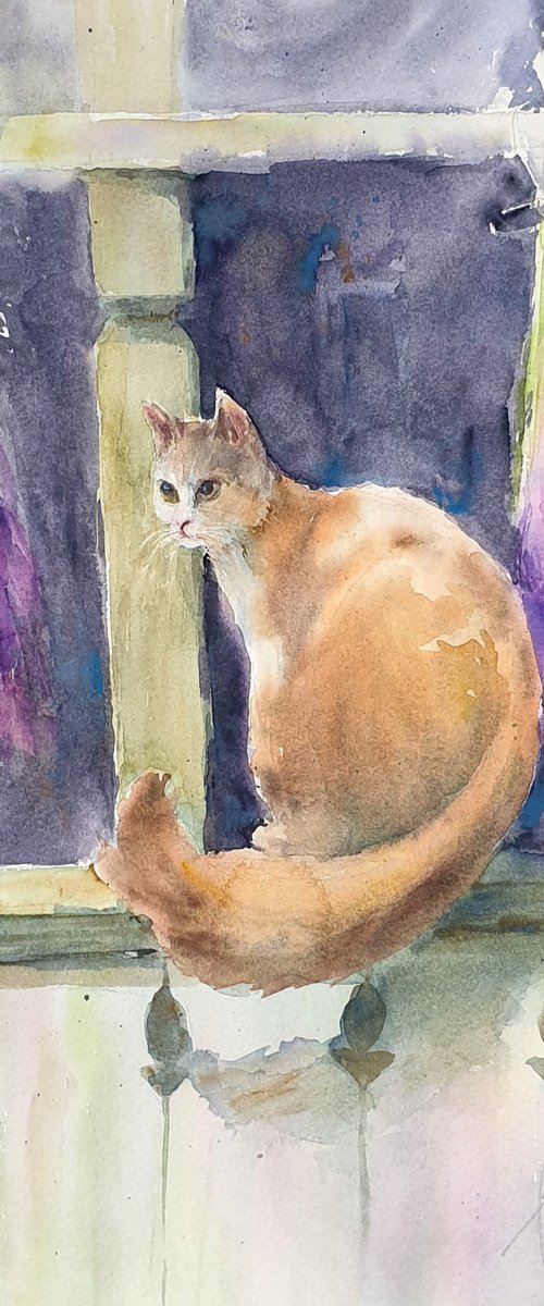 CAT AND LAVENDER original watercolor 30X40 by Beata van Wijngaarden