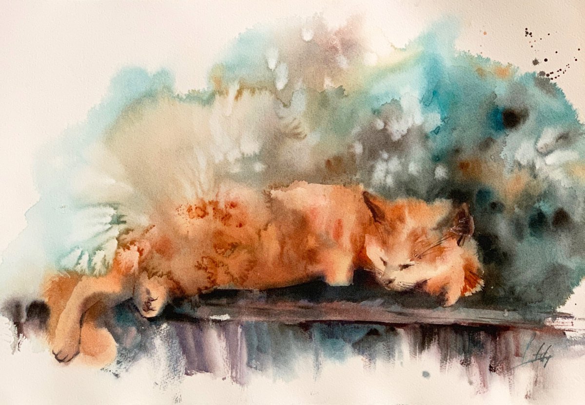 Siesta. Cat watercolor painting. by Sophie Rodionov