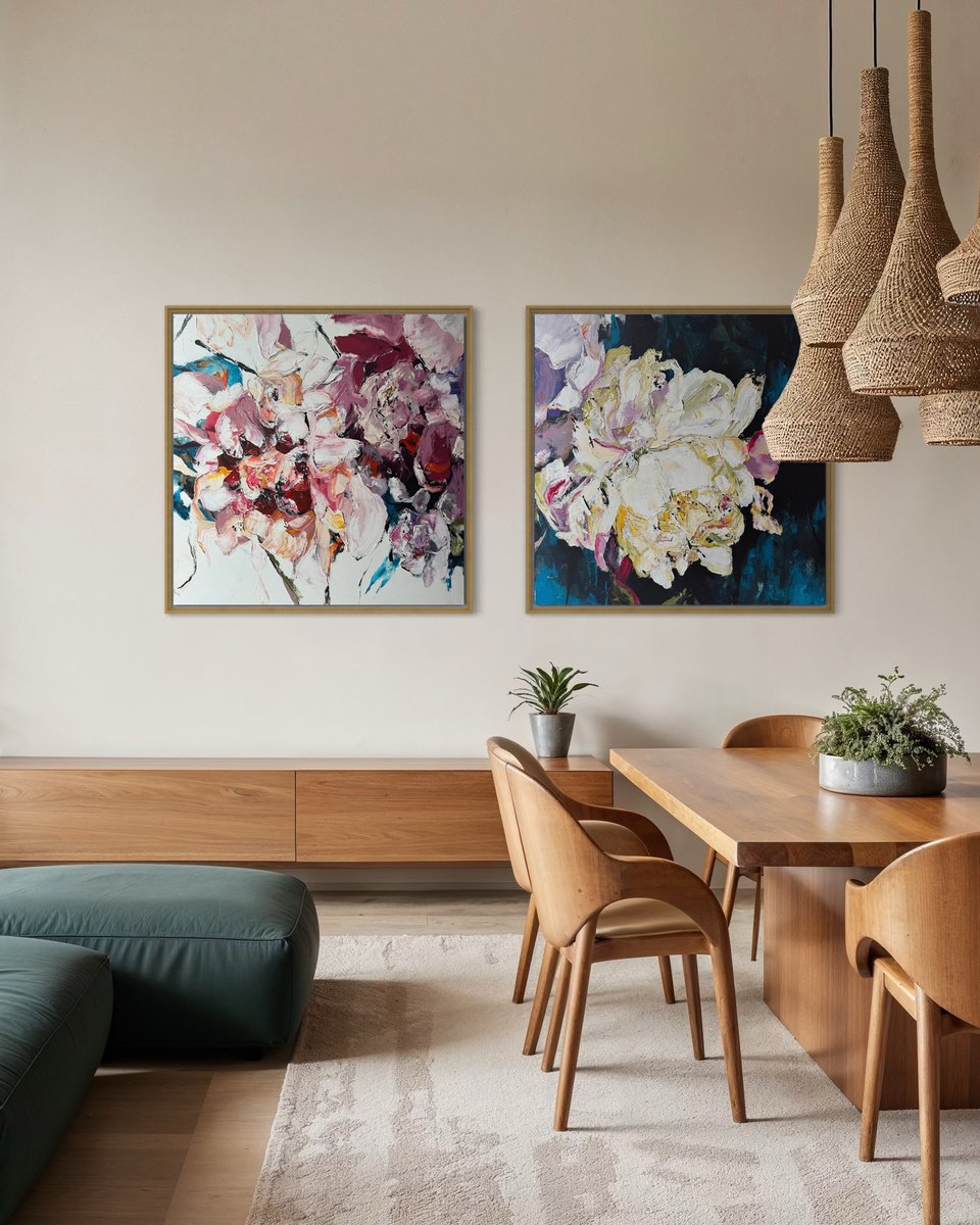 Impressionistic Botanical Acrylic Painting By Tetiana Hutsul, 75 X 37", Under Velvet Skies, Original Artwork