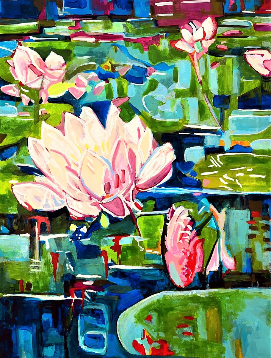 Expressive Botanical Acrylic Painting By Alexandra Djokic, 28 X 37, Water Lilies, Original Artwork