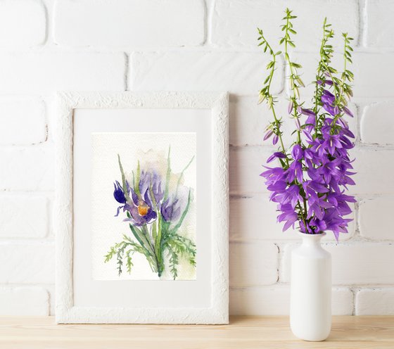 Watercolor original painting of violet flowers