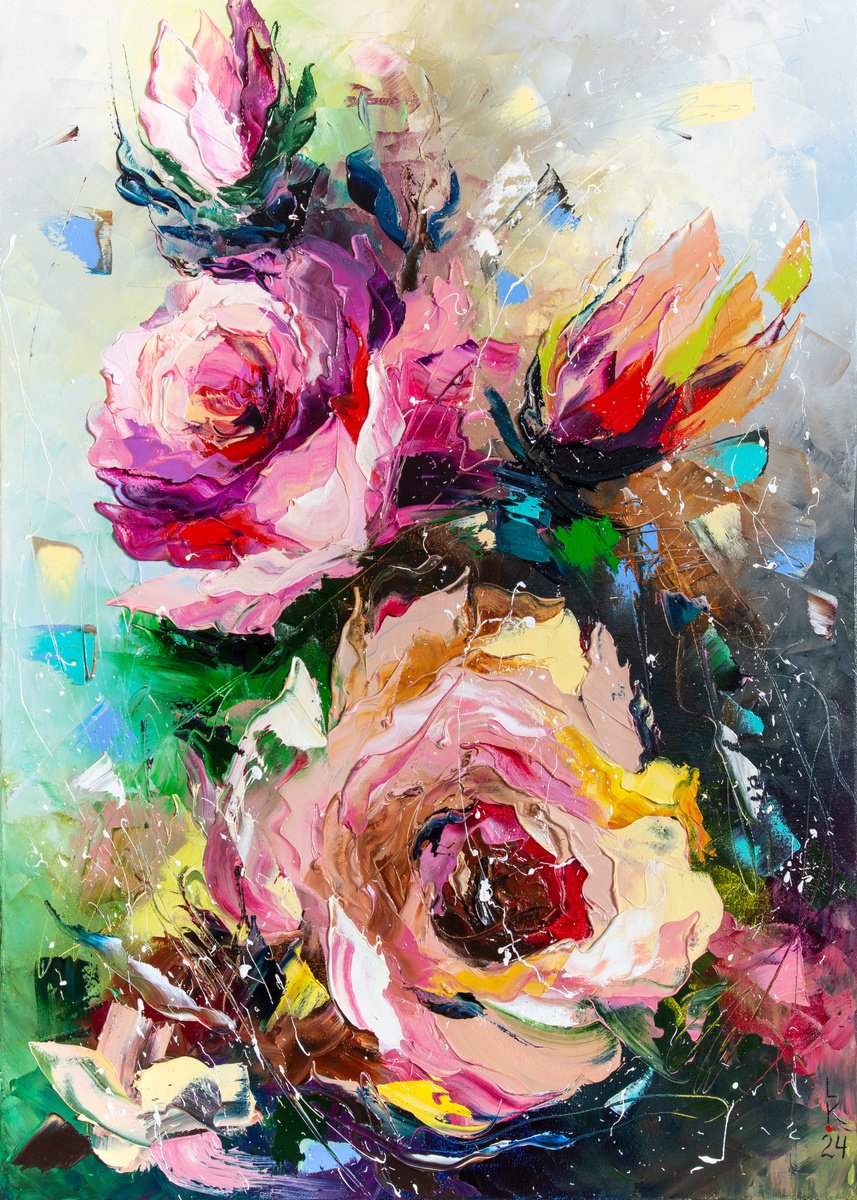 Impressionistic Botanical Oil Painting By Liubov Kuptsova, 20 X 28", Symphony Of Blooming Roses, Original Artwork