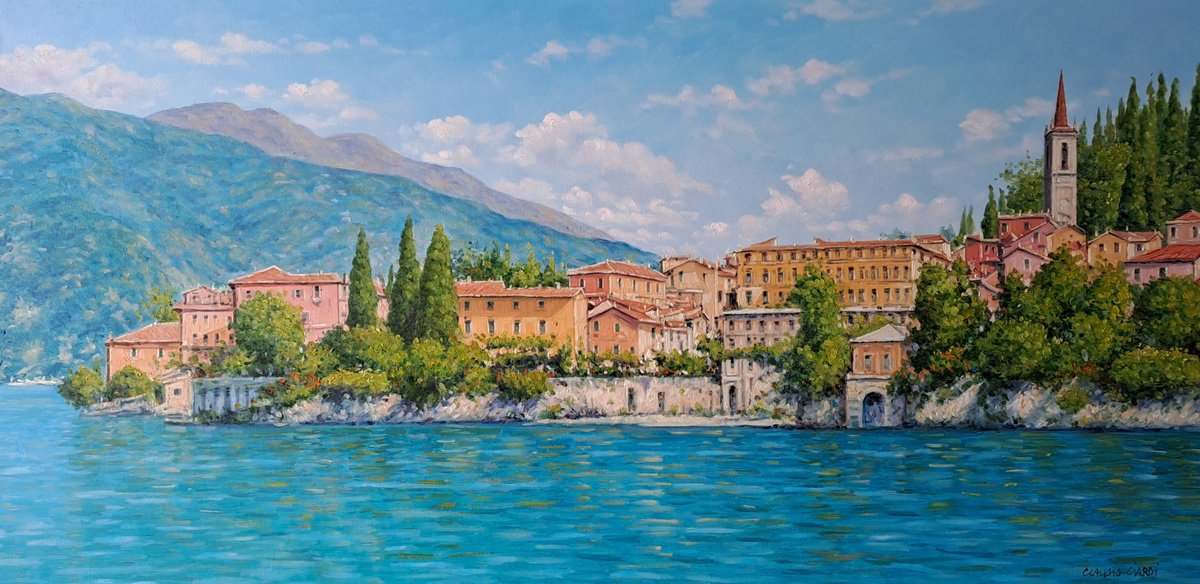 Impressionistic Landscape Oil Painting By Claudio Ciardi, 31 X 16, Varenna Como Lake, Original Artwork
