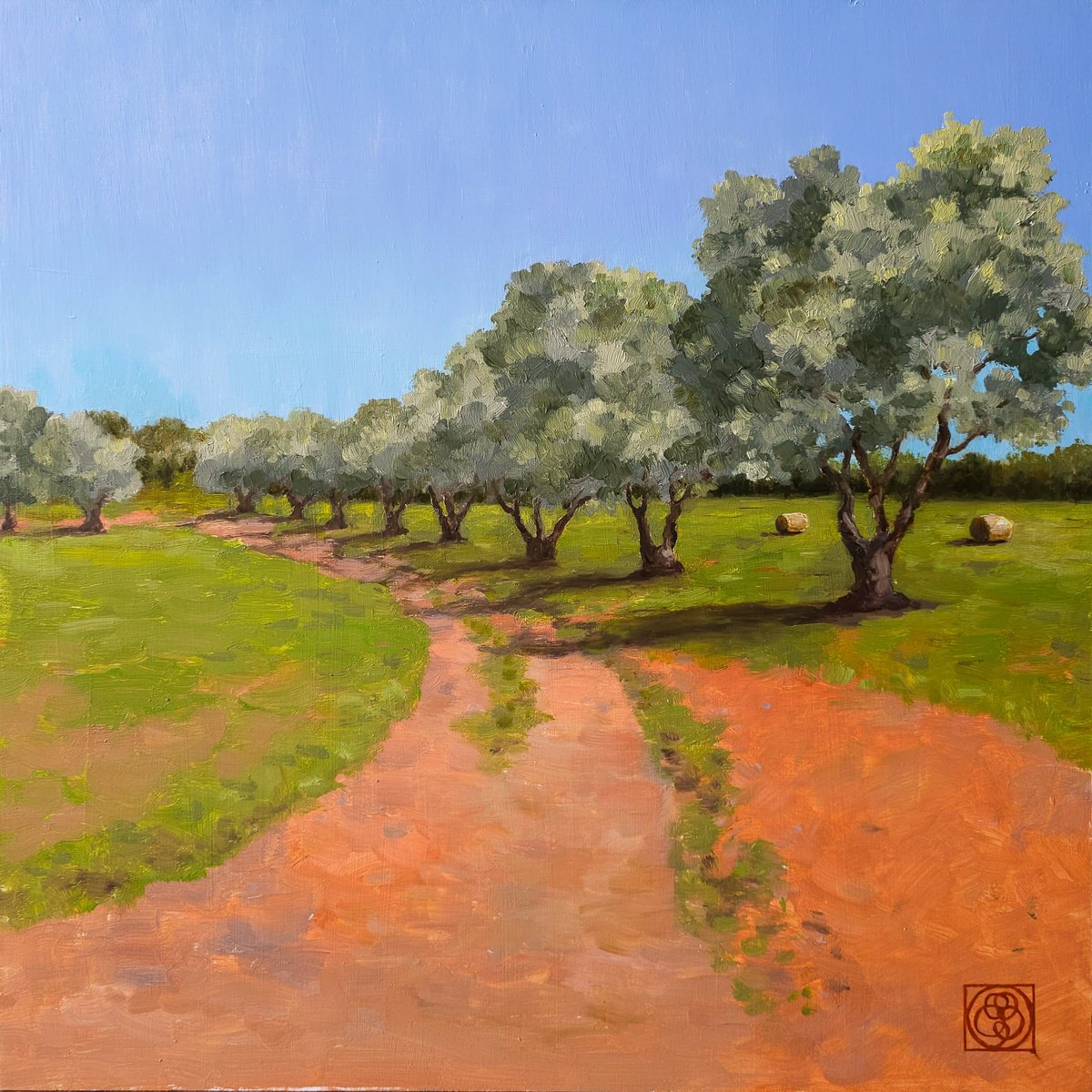 Impressionistic Landscape Oil Painting By Katia Bellini, 18 X 18", Olive Grove, Original Artwork