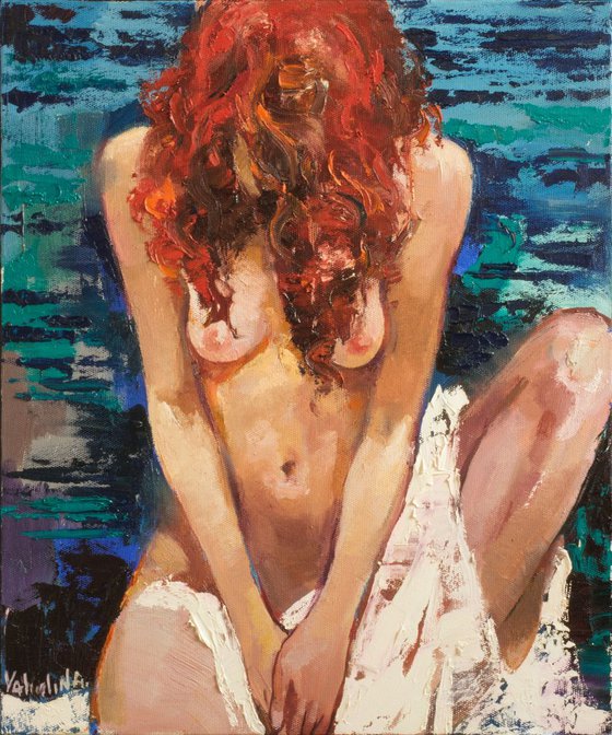 Figure painting nude redhead girl portrait - Original oil painting on canvas