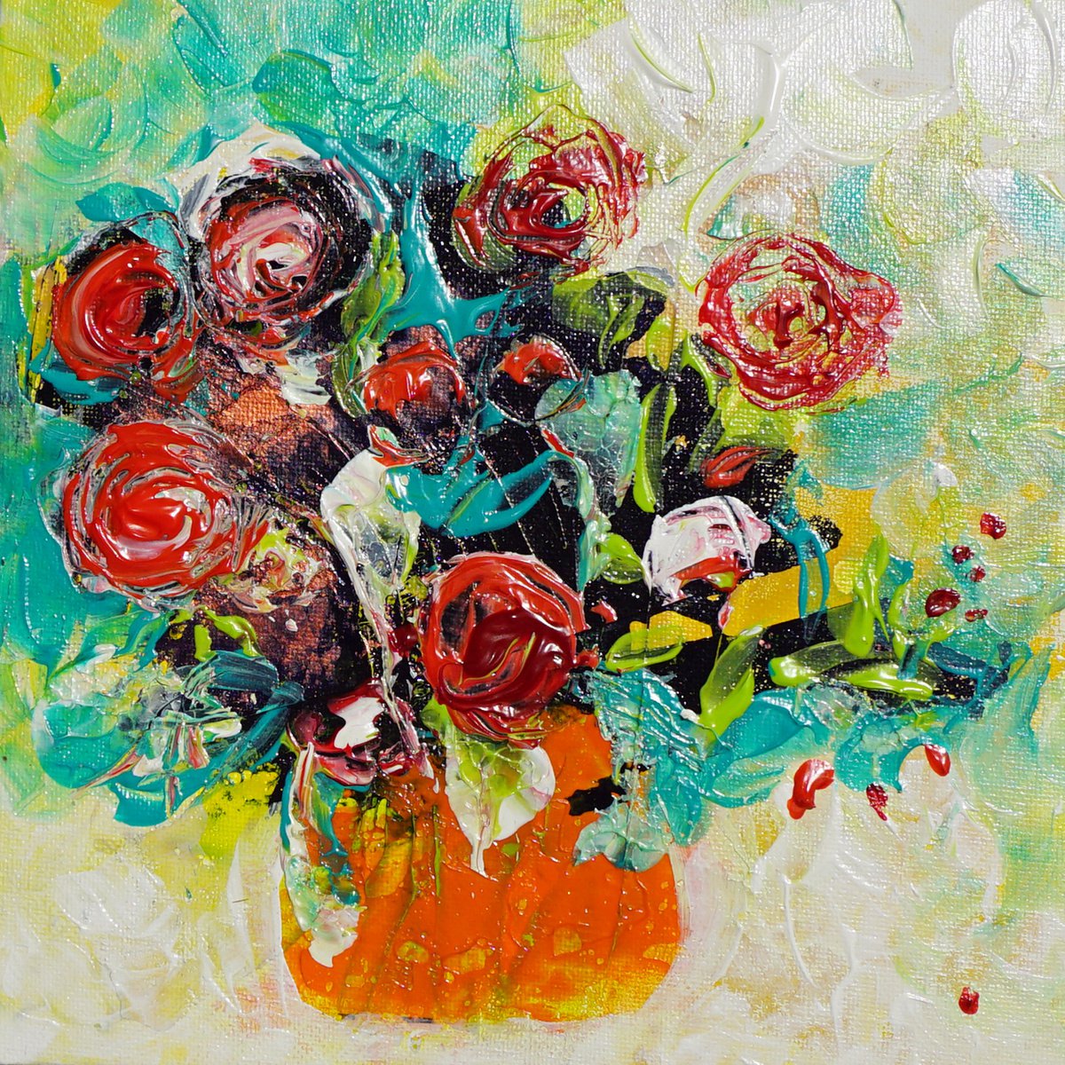 Abstract Painting By Jelena B, 8 X 8, Red Roses 8X8In 20X20Cm, Original Artwork