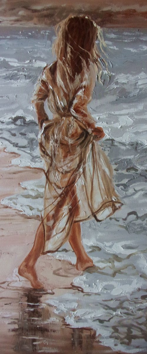" PACEFUL TIMES ... "  SUN SKY SEA SAND liGHt  ORIGINAL OIL PAINTING, GIFT, PALETTE KNIFE by Monika Luniak