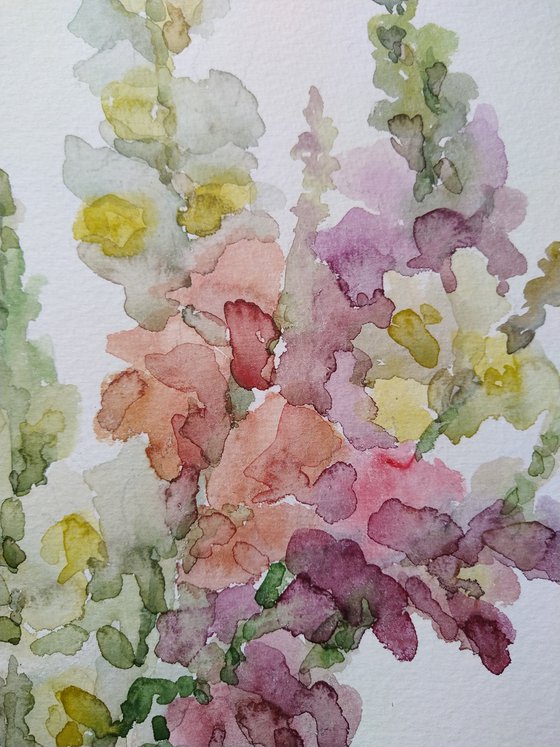 Bouquet. Antirrhínum.  Original watercolor painting.