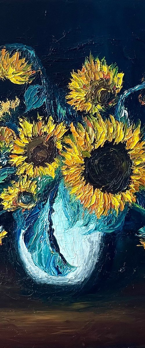 Sunflowers in white vase by Anastasiia Novitskaya