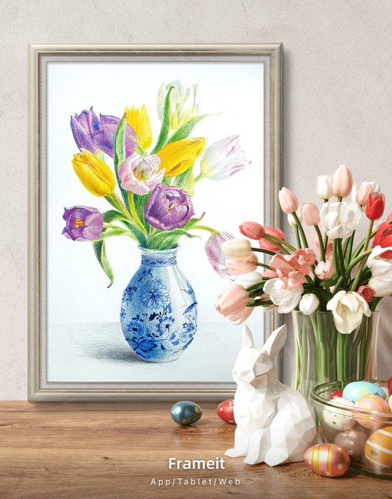 Realism yellow violet tulips in delft vase.