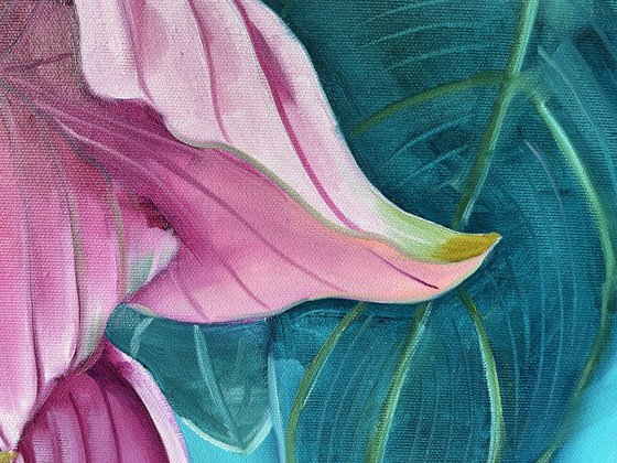 Flower and hummingbird. Oil painting, original art