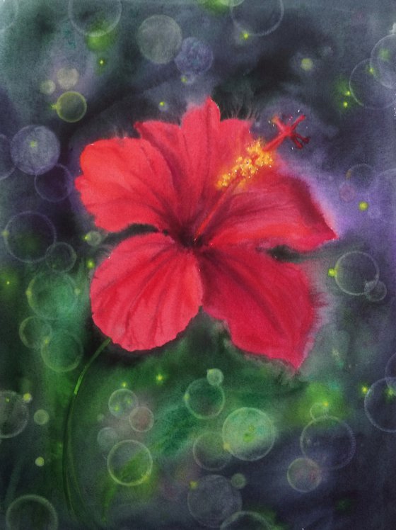 Red Chinese hibiscus - red flower watercolour - red hibiscus - hibiscus watercolor