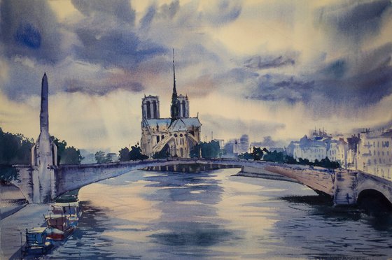 Notre Dame that doesn't exist. Original watercolor. Medium size purple landscape Paris france sunset urban city street seine interior impressionism realism travel trip