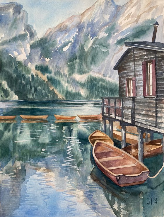 Italy Lake Landscape Watercolor on paper