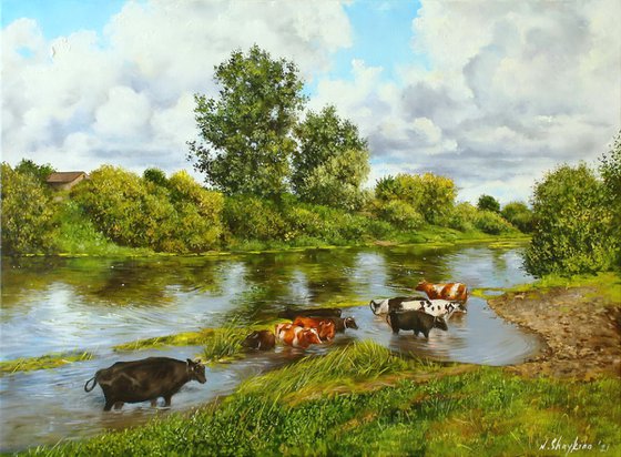 Cattle watering in a river, Pastoral Scene