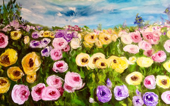 Large size WHITE PINK YELLOW PURPLE  ROSES in a Greenwich rose garden palette  knife modern still life  flowers office home decor gift