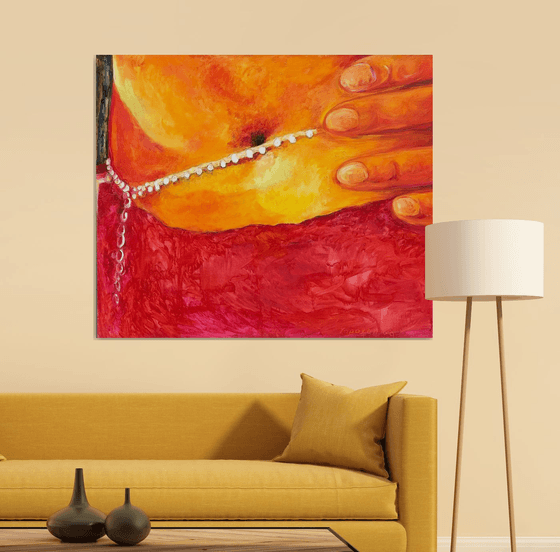 NECKLACE -  original oil painting, figurative, indian oriental scene, yellow red vivid colours, tummy