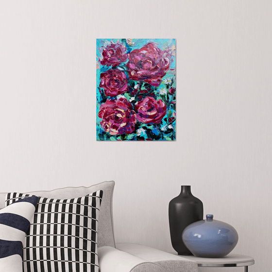 Roses - The burst of pink, 35*45cm, impressionistic flowers oil painting in pink and turquoise