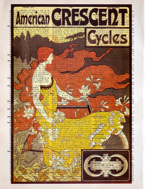 American Crescent Cycles - Collage Art Print on Large Real English Dictionary Vintage Book Page by Jakub DK - JAKUB D KRZEWNIAK