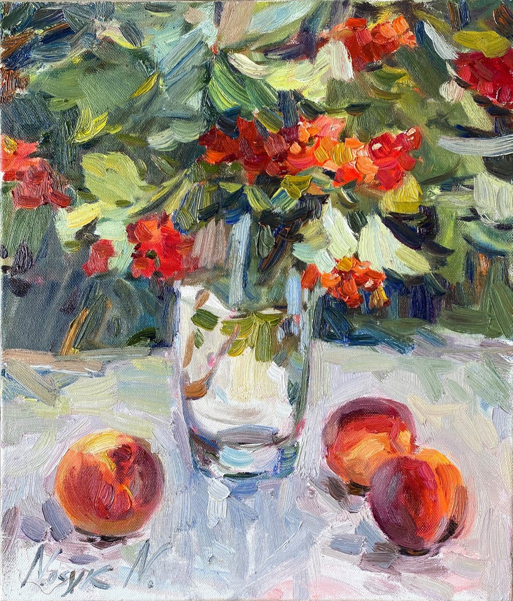 Peaches and a bouquete | original oil painting by Nataliia Nosyk