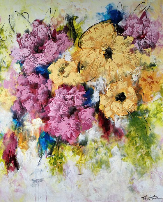 "Floral Fantasia" from "Colours of Summer" collection, XXL abstract flower painting