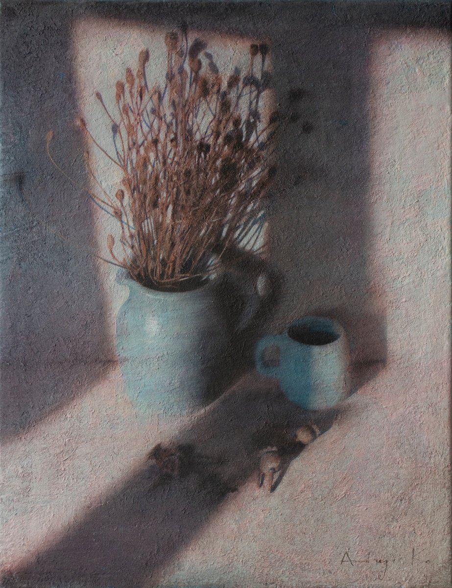 Impressionistic Still Life Acrylic Painting By Andrejs Ko, 20 X 26, Peaceful Evening With Dried Flowers, Original Artwork