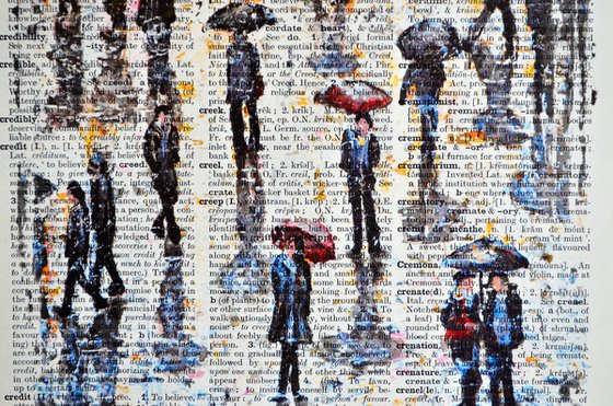 At the City 5 - Collage Art on Large Real English Dictionary Vintage Book Page