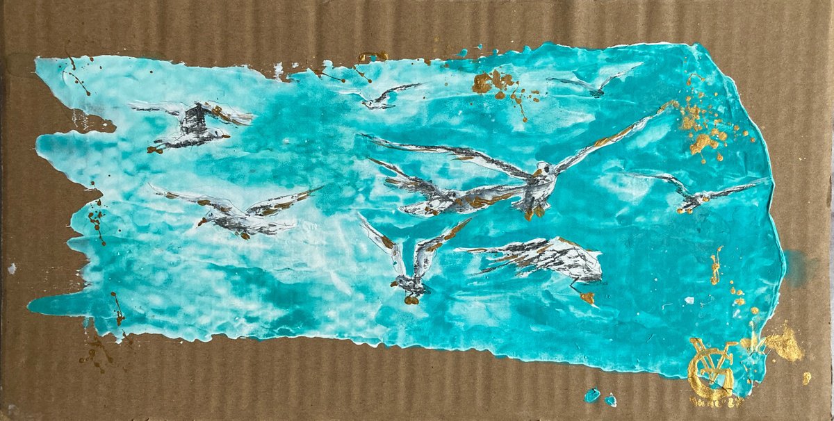 Abstract Animal Painting By Valeria Golovenkina, 17 X 8", Birds. Sea. Teal 2, Original Artwork