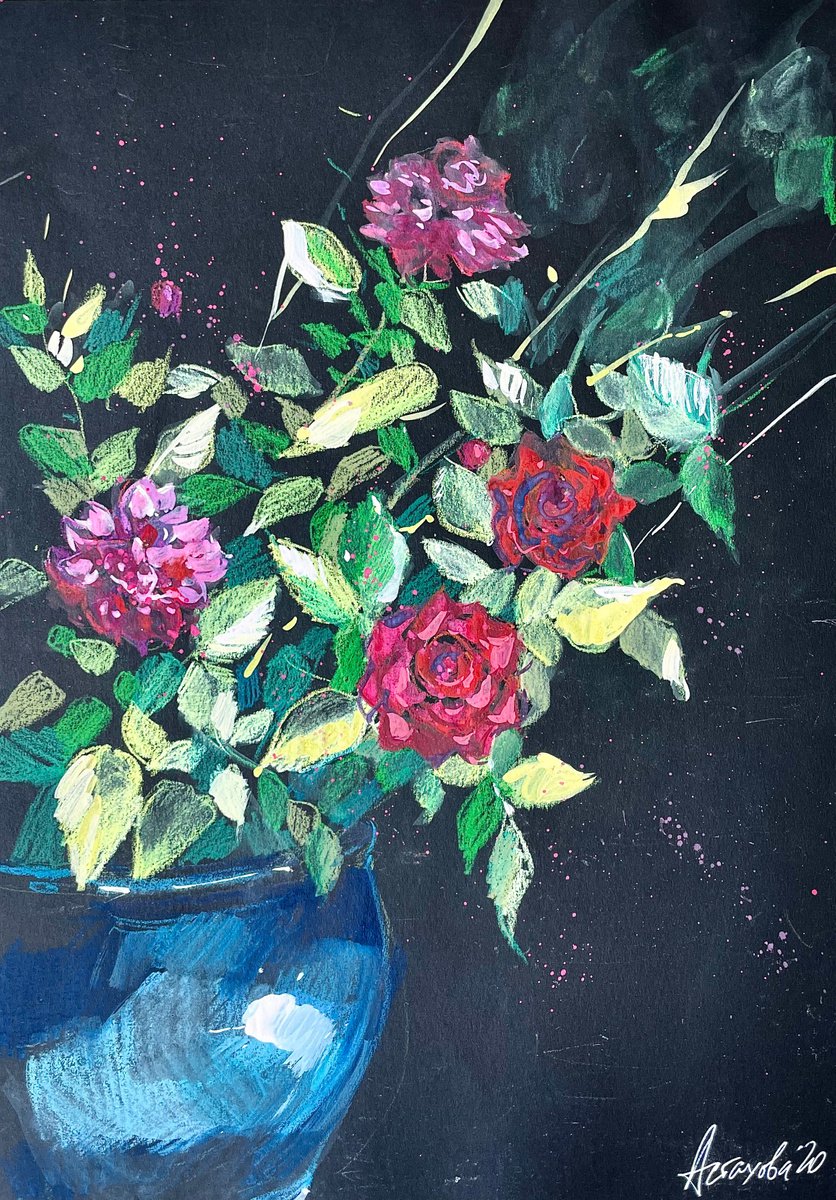 Impressionistic Botanical Painting By Ksenia Astakhova, 12 X 17", Rosehip In A Pot, Original Artwork