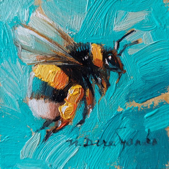 Bumblebee artwork blue turquoise oil painting original 2x2, Bumblebee home decor wall art mini painting funny gift for her