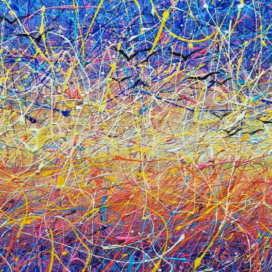 Bright sunrise Birds at dawn Bright life Pollock style Abstract sunset Heaven