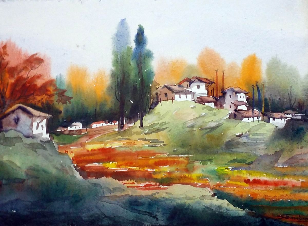 Autumn Mountain Village & Flowers Garden - Watercolor on Paper by Samiran Sarkar