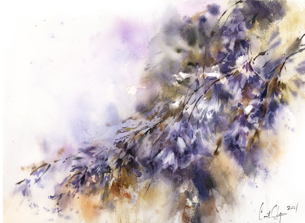 Impressionistic Botanical Watercolour By Sophie Rodionov, 16 X 12", Jacaranda Blossoms, Original Artwork