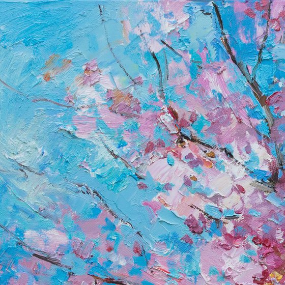 Flowering peach tree Original oil painting FREE SHIPPING