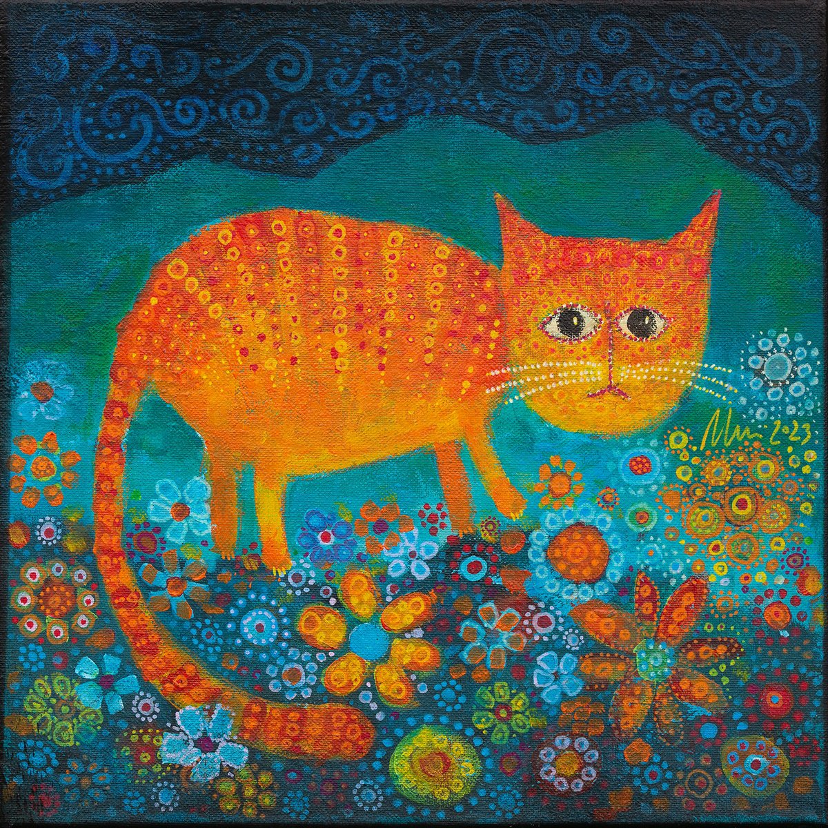 Organic Animal Acrylic Painting By Peter Zelei, 12 X 12", Felis Catus Botanicus Ii., Original Artwork
