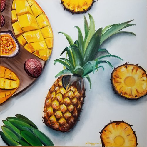 Tropical Fruit Breakfast. Original Oil Painting on Canvas. Tropical Still life. Tropical Fruit Room accent. Summer painting. by Alexandra Tomorskaya/Caramel Art Gallery