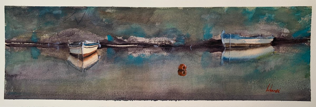 Photorealistic Landscape Watercolour By Tihomir Cirkvencic, 21 X 7", Morning, Boats, Original Artwork