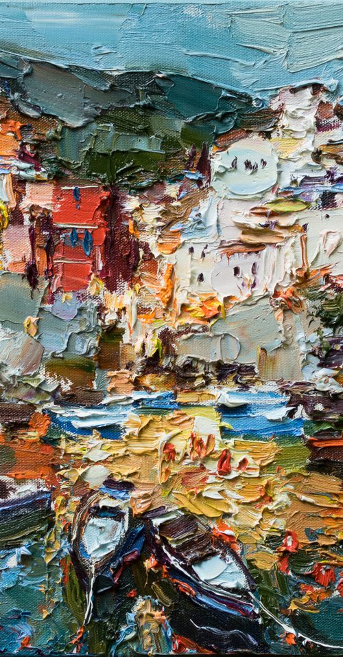 Riomaggiore, Cinque terre - Italian Landscape painting by Anastasiia Valiulina