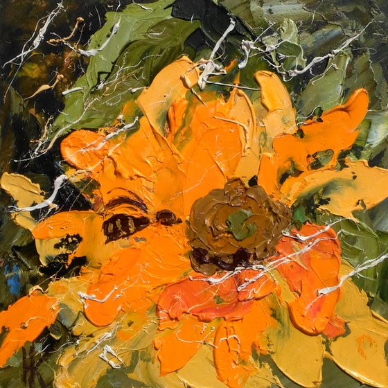 Sunflower Painting Bee Original Art Flower Small Oil Impasto Palette Knife Floral Artwork 6 by 6 inches