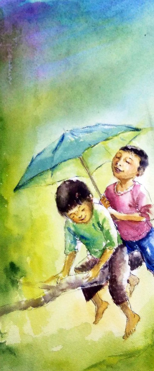 Children in rain - Joys of Childhood Friendship 5 by Asha Shenoy
