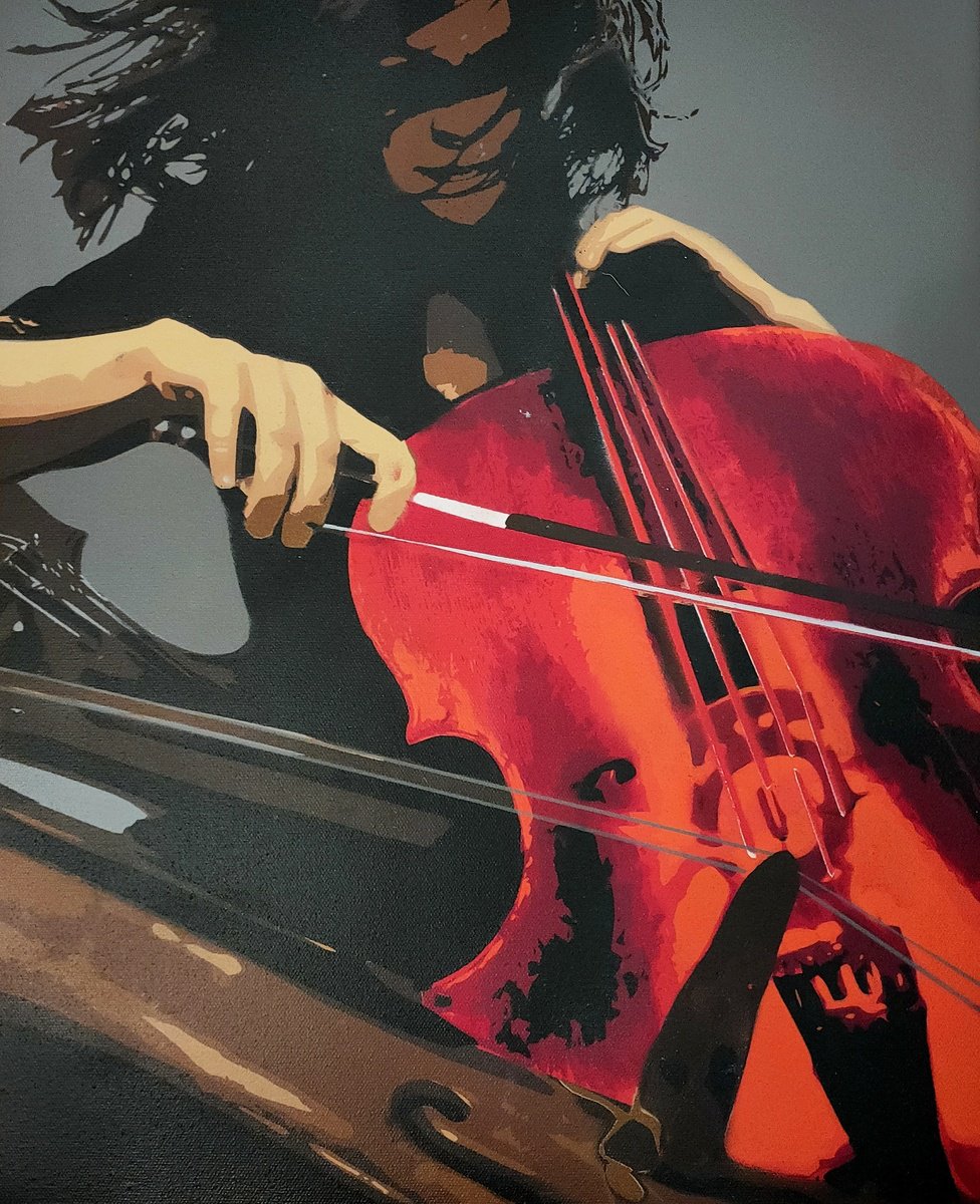 Expressive Portrait Painting By Bizzy, 16 X 20, The Red Cello, Original Artwork