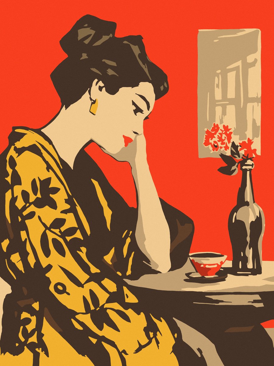 Illustrative Portrait Acrylic Painting By Kosta Morr, 24 X 31", Morning Coffee, Original Artwork