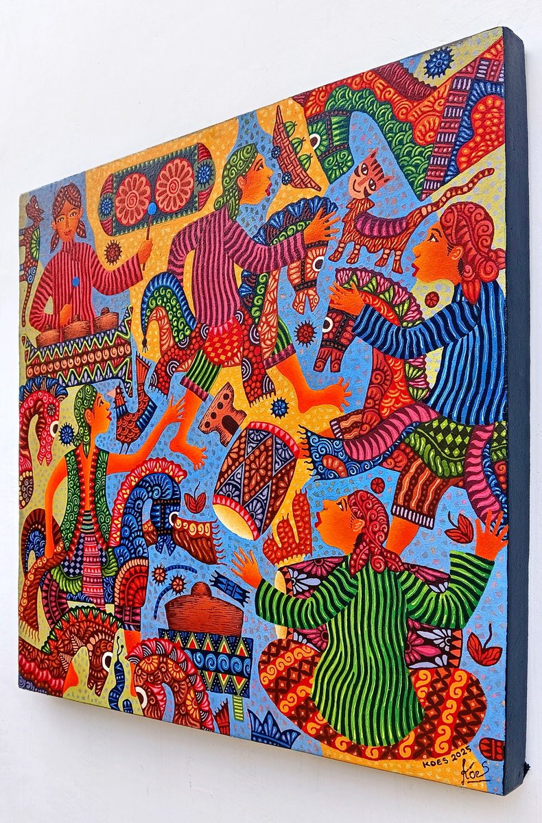 Illustrative Portrait Acrylic Painting By Kus Budiyanto, 26 X 26", Tarian Kuda Lumping, Original Artwork