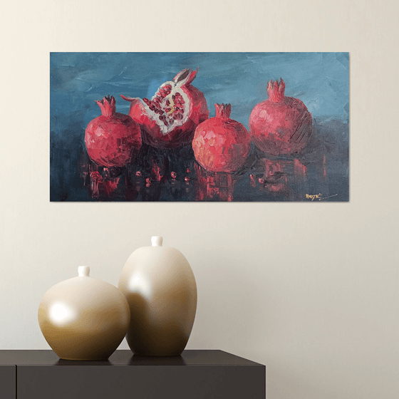 Pomegranates (30x60cm, oil painting,  ready to hang)
